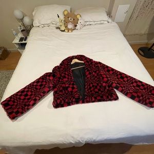 Red and black psychedelic faux fur cropped jacket